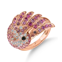 Inel lebada din aur roz cu diamante negre si incolore de 0.3ct si safire roz de 1.2ct