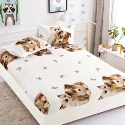 Cearsaf cu elastic, Bumbac FINET, 160/180x200cm, 2 fete de perne 50x70cm, Jojo Home, Crem-Maro, pisicute, catelusi si fluturi