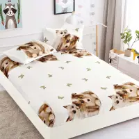 Cearsaf cu elastic, Bumbac FINET, 160/180x200cm, 2 fete de perne 50x70cm, Jojo Home, Crem-Maro, pisicute, catelusi si fluturi