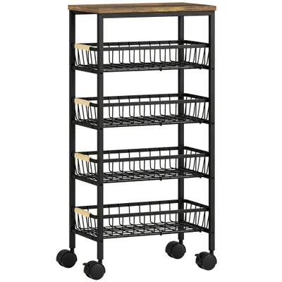HOMCOM Carrito Auxiliar con Ruedas 4 Cestas Extraíbles Carga 15 kg Marco Metálico para Comedor 40x24x81,5 cm Marrón Rústico | Aosom Romania
