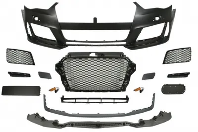 Bara (Fata, RS Type, cu grilaje; cu valabilitate, cu gauri pentru spalator de faruri, cu gauri pentru senzorii de parcare, negru lucios grunduit) potrivit AUDI A3 04.12-06.16