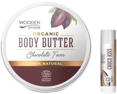 Wooden Spoon Set - Ulei de corp Chocolate Fever și balsam de buze Choco Kiss, 100 + 4.3 ml