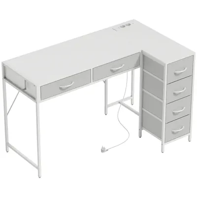 HOMCOM Birou de Colț Reversibil cu Prize și Porturi USB, 126x48 cm, Birou în Formă de L cu 6 Sertare din Material Textil, Cârlig Lateral, pentru Computer, Birou, Cameră, Alb | Aosom Romania