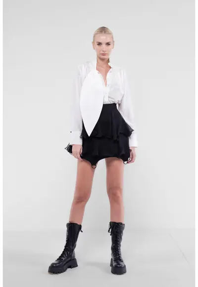 Fusta mini cu volane din matase si inele metalice Black