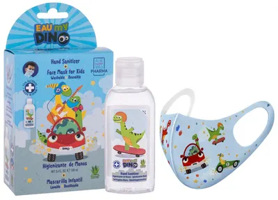 Set gel antibacterian si masca Air Val - Dino, albastru, 100 ml