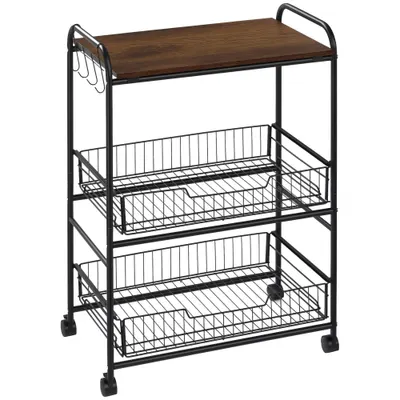 HOMCOM Cărucior Auxiliar cu Roți de 3 Nivele Cărucior de Bucătărie cu 2 Coșuri și 4 Cârlige 60x38x85,5 cm Maro Rustic | Aosom Romania
