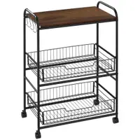 HOMCOM Cărucior Auxiliar cu Roți de 3 Nivele Cărucior de Bucătărie cu 2 Coșuri și 4 Cârlige 60x38x85,5 cm Maro Rustic | Aosom Romania