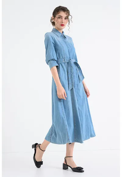 Rochie-camasa de denim cu maneci medii - Albastru pal