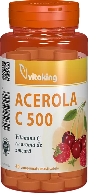 Vitamina C 500mg cu acerola si gust de zmeura, 40 comprimate masticabile, Vitaking