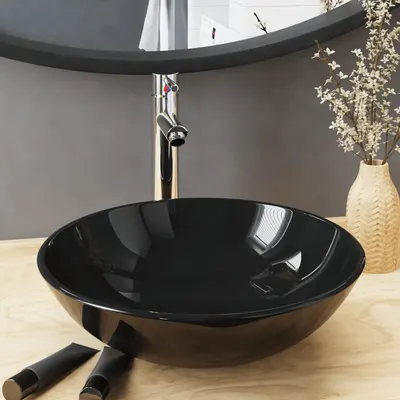 Gossi chiuveta baie, robinet&scurgere tip push, negru, sticla calita