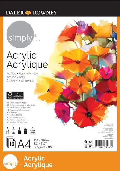 Caiet de schițe pentru pictură acrilică Daler-Rowney Simply - A4, 16 foi