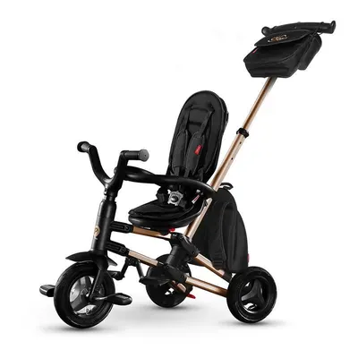 Tricicleta pentru copii Qplay Nova Rubber Gold Limited Edition ultrapliabila, cu scaun rotativ, pozitie de somn, 2 suporturi de picioare, roti din cauciuc, copertina cu protectie UV si cadru de aluminiu anodizat in culoarea auriu