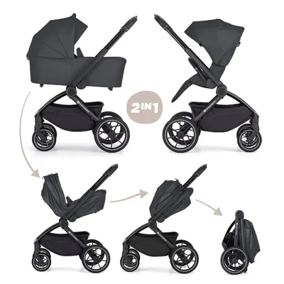 Carucior 2 in 1 pentru copii PetiteMars Scout Gri cu landou pliabil, reversibil, spatar si suport de picioare reglabile, maner ajustabil, accesorii, pana la 22 kg, 0 luni+