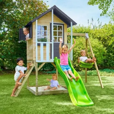 Casuta de gradina TP TOYS, Bluebell Cottage, cu platforma cu loc pentru nisip, tobogan si leagan simplu, lemn, negru/maro/alb