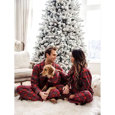Set pijamale pentru cuplu din Satin Craciun cu vipusca rosie