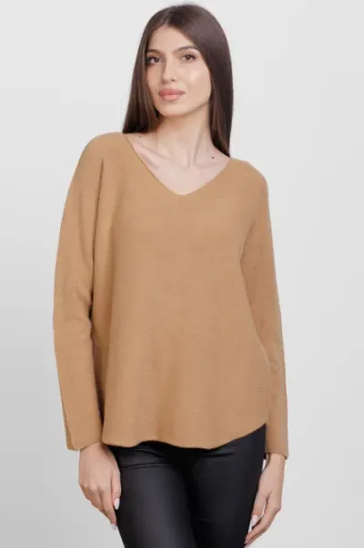 Pulover versatil cu decolteu V, din vascoza, camel