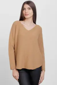 Pulover versatil cu decolteu V, din vascoza, camel