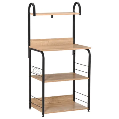 HOMCOM Etajere de bucatarie - etajera cuptor cu microunde - mobilier cuptor cu microunde - 3 rafturi, raft, carlige - panouri de particule aspect stejar deschis cadru metal negru | Aosom Romania