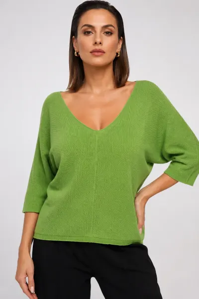 Bluza fin tricotata bob de orez, cu maneca fluture 3 4, verde