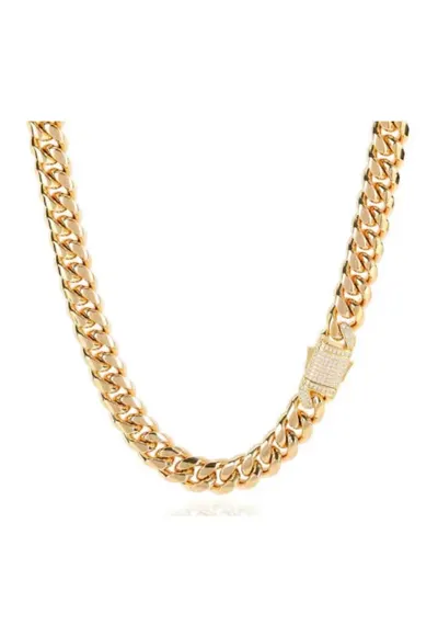 Lant Cuban Elements din Otel Inoxidabil - GOLD - pentru barbati – 12 mm - cu zirconiu