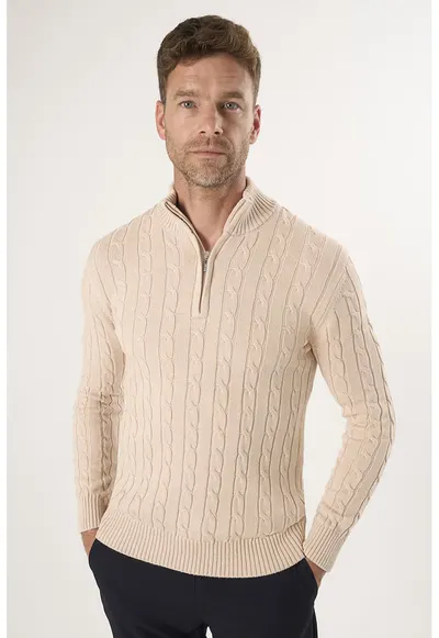 Pulover regular fit cu fenta cu fermoar - Bej