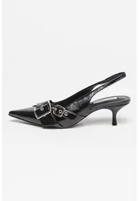 Pantofi cu varf ascutit - catarama si toc kitten - Negru