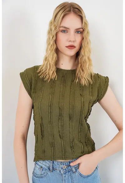 Bluza casual - fara maneci - kaki - poliester cu elastan - texturata