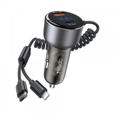 Incarcator Auto Cu Cablu USB-C / Lightning Yesido Y58 Display, 60W, 3A, 1 x USB-A - 1 x USB-C, Gri