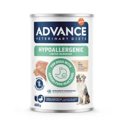 ADVANCE VETERINARY DIETS Hypoalergenic, XS-XL, Rață, dietă veterinară, conservă hrană umedă câini, alergii, (pate), 400g