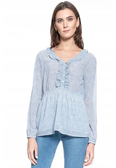 Bluza Dama - Emma V Flounce S - Bumbac - Zilnic - Croi Regular - Fara Buzunare - Croiala Larga - Calitate Superioara - Confortabil - Albastru