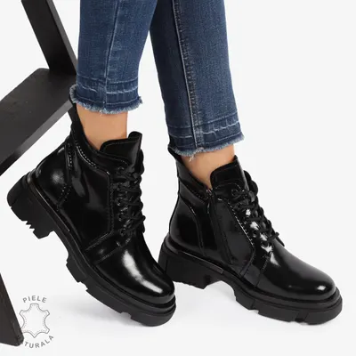 GHETE PIELE NATURALA LACUITA cu Varf rotund CRL1239 Negru