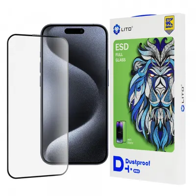 Folie de protectie Ecran Lito D+ Pro Dustproof pentru Apple iPhone 15 Pro, Sticla Securizata, Full Glue, Neagra