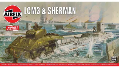 Airfix Model asamblabil Militar: Tancuri - Nava de debarcare mecanizată americană LCM3 și tanc mediu american Sherman M4A2, Vintage