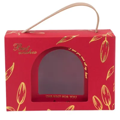 Cutie dreptunghiulară cu ferestră arcadă și mâner din piele - roșu (set 50 buc) 17x6x12cm - Default Title