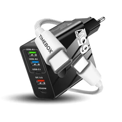 Incarcator Retea Timebox, 65W, 5 Porturi, 3 x USB, 2 x Type-C, QC 3.0, Alb - Default Title