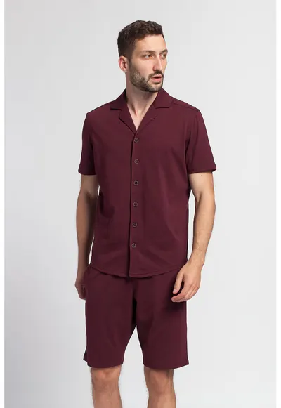 Pijama de bumbac cu pantaloni scurti Vlad - Visiniu