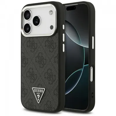 Husa MagSafe pentru Apple iPhone 17 Pro, Guess, 4G Triangle Logo, Neagra Argintie