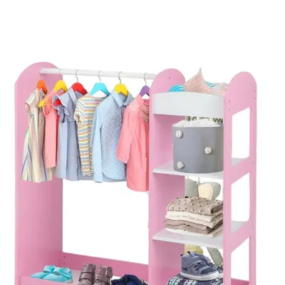 Stand pentru imbracaminte copii Ginger Home Mirror Pink cu 4 polite,bara pentru umerase,raft si oglinda, dimensiune 93.5x38x100.3 cm