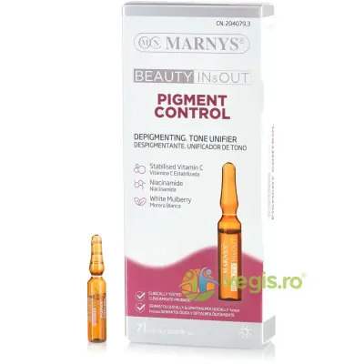 Pigment Control cu Vitamina C Stabilizata, Vitamina B3, Extract de Dud Alb, Apa de Albastrele pentru Reducerea si Prevenirea Petelor Pigmentare 7 fiole