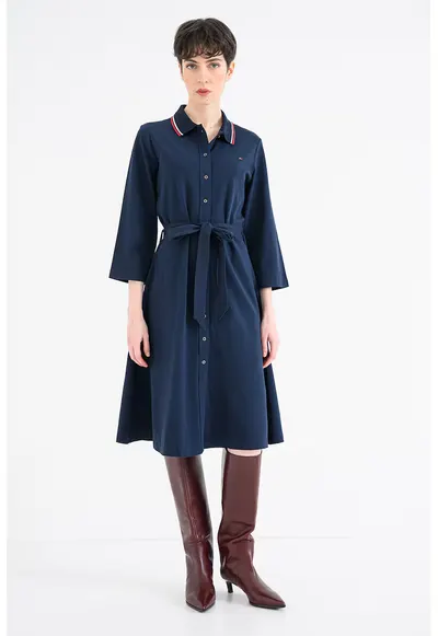 Rochie polo din amestec de bumbac cu maneci trei sferturi - Bleumarin