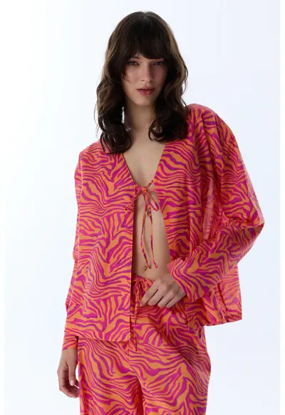 Pareo de bumbac cu model - Roz neon/Portocaliu mandarina