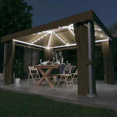 Gossi pavilion cu perdea & sir de lumini led, gri taupe, 4x3 m