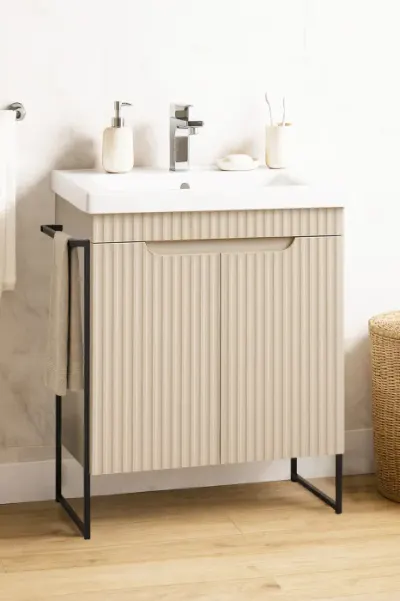 Set Baza front MDF si Lavoar seria 733, cadru metalic, montata, 60 cm, crem