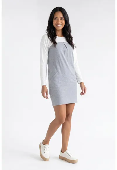Rochie casual midi cu decolteu rotund - maneca lunga - croiala dreapta si buzunare - M1359 - Gri
