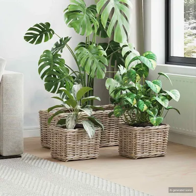 vidaXL Coș pentru plante cu depozitare 3 buc. Gri natural Ratan Kubu