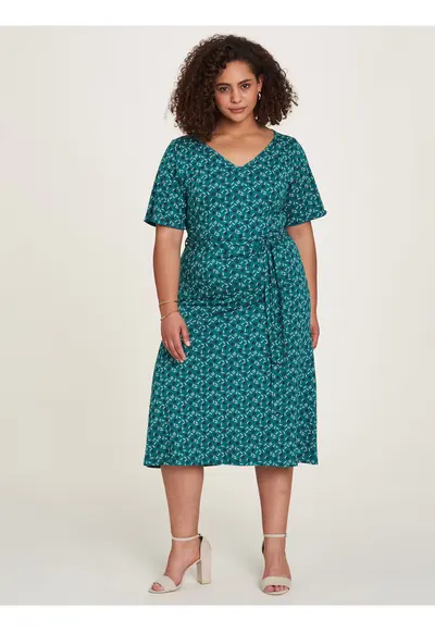 Rochie midi cu imprimeu si decolteu in V