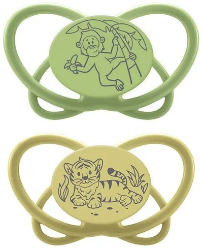 Suzete din silicon NIP Green - Maimuță și tigru, 0-6 m, 2 bucăți