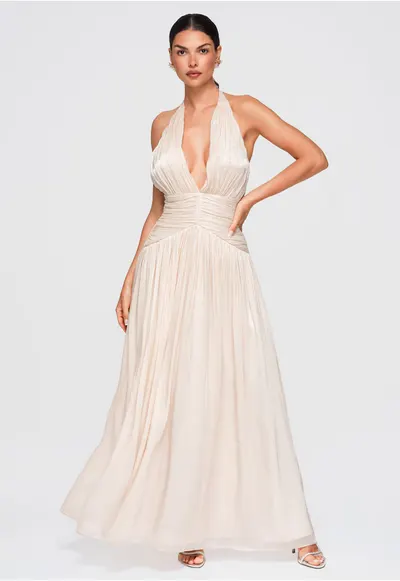 Rochie maxi eleganta cu decolteu adanc si talie marcata LA-OM-DLR414 - Crem