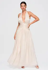 Rochie maxi eleganta cu decolteu adanc si talie marcata LA-OM-DLR414 - Crem -