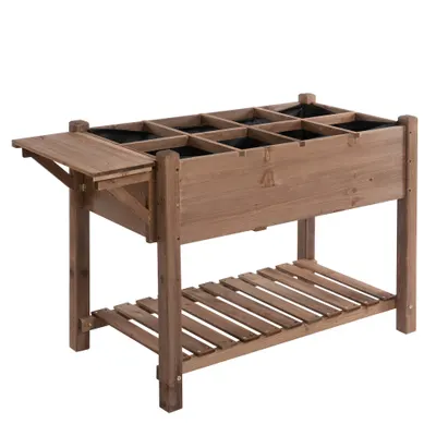Outsunny Jardinieră Supraînălțată din Lemn | Grădinărit cu Raft Pliabil și Spațiu de Depozitare | 123x54x74 cm Maro | Aosom Romania
